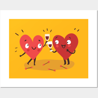 Two happy hearts in love drinking red wine Posters and Art